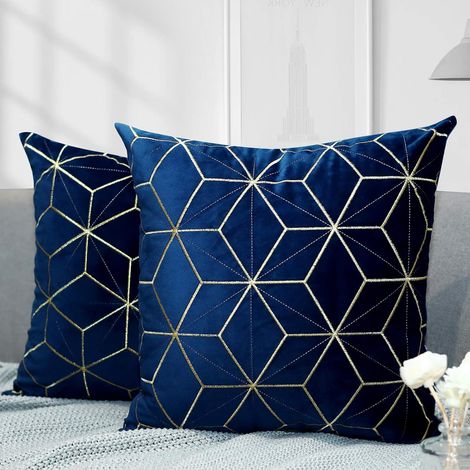 MINKUROW Fodera Per Cuscino In Velluto, 2 Pezzi Federa Quadrata Con Motivo Geometrico Ricamato In Oro, Fodera Per Cuscino Morbida Per Divano Del Soggiorno Auto, 45 X 45 Cm - Blu Navy (1/5)