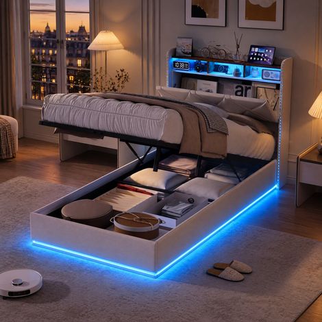 JOOKGBD - Polsterbett 90x200 cm,Einzelbett, Jugendbett, Kopfteil mit LED, USB und verstecktem Stauraum, Lattenrost inklusive, Leinen, Beige, ohne Matratze (1/5)