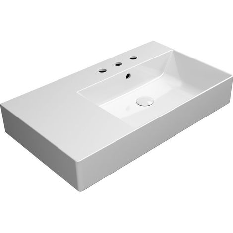Lavabo en céramique KUBE X 80x47cm, étagère à gauche, bord inférieur moulu, 3 trous de robinetterie, blanc ExtraGlaze (1/4)
