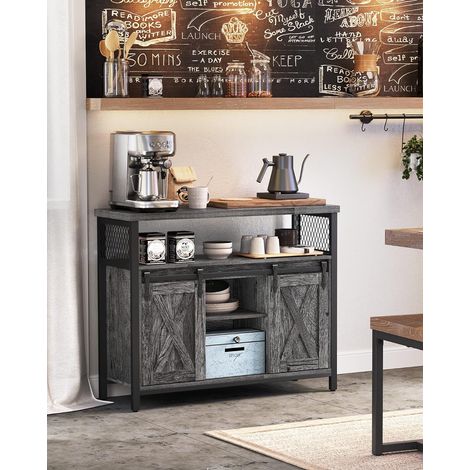 VASAGLE Credenza, Mobile da Cucina, Armadietto Organizzatore, con 2 Ante Scorrevoli, 33 x 100 x 80 cm, Ripiani Regolabili, Stile Country, per Soggiorno, Grigio Antracite e Nero (1/5)