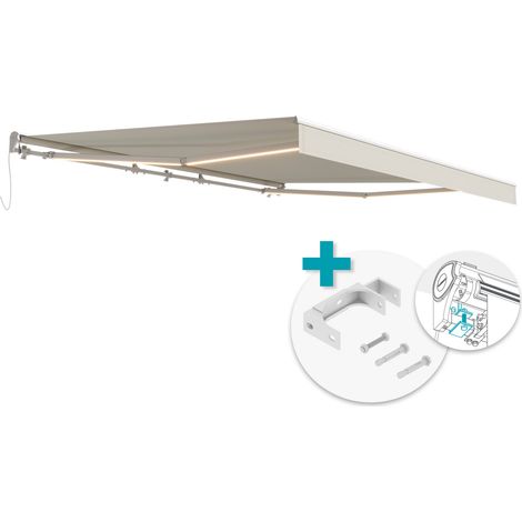 Store banne motorisé à LED structure blanche FAZZIO 4x3m toile beige et fixations plafond (1/5)