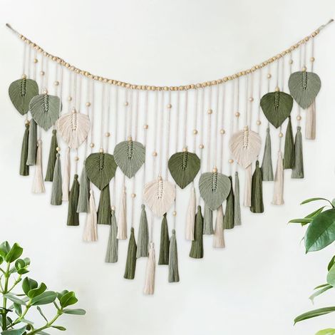 Grande tapisserie murale en macramé fabriquée à la main - Style bohème - Avec perles en bois - Beige - Feuilles vertes - Décoration murale pour chambre à coucher, salon et chambre d'enfant (1/5)