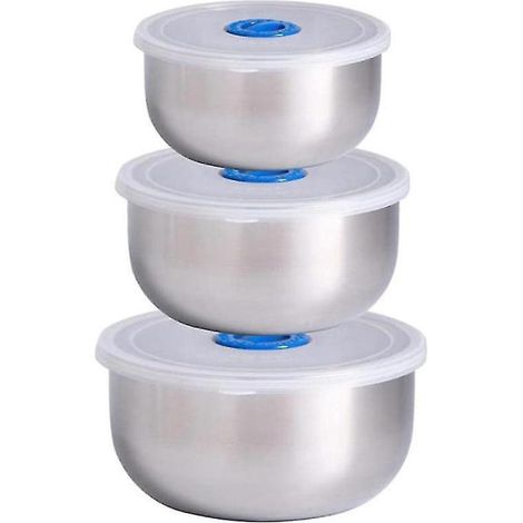 boles mezcladores de acero inoxidable con tapas de plástico, apilables, para la cocina y el almacenamiento de alimentos. (1/5)
