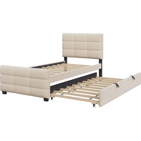 Lit en velours beige 90 x 190 cm avec lit gigogne pour enfants sans matelas (1/5)