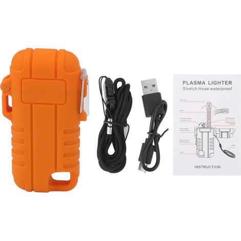Briquet rechargeable USB, double arc, anti-vent, étanche, sans flamme, avec trou de suspension, pour camping, orange (1/5)