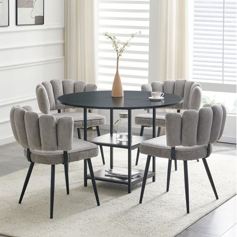 Ensemble table à manger ronde 107 cm avec 4 chaises grises, rangement double, MDF métal (1/5)