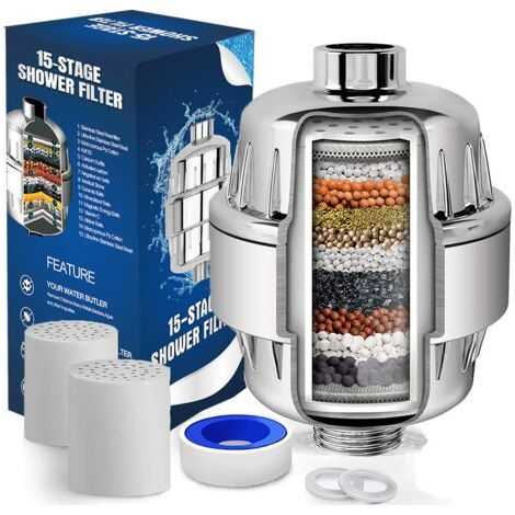 Filtre Douche Anti Calcaire à 15 Étapes Avec Vitamine C - Filtre de Douche Haut Débit pour Éliminer le Chlore et Fluorure - 2 Cartouches Incluses - Filtre de Douchette