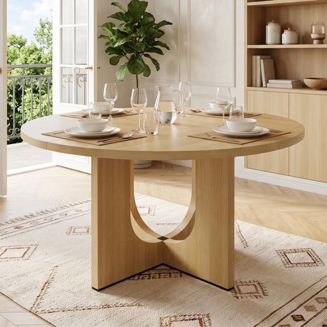 Tavolo da pranzo rotondo 120x120 cm per 4-6 persone, design scandinavo, in MDF con finitura rovere e gambe cave traforate (1/5)