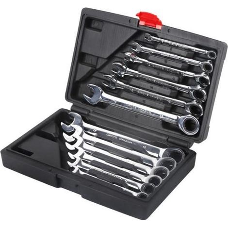 Juego de llaves de carraca combinadas de 12 piezas en estuche, dientes métricos de 8-19 mm, llave de boca fija - llave ajustable reversible