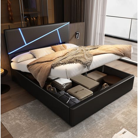 Bett Polsterbett Stauraum 90x200 mit LED PU Schwarz OKMYHOME (1/5)