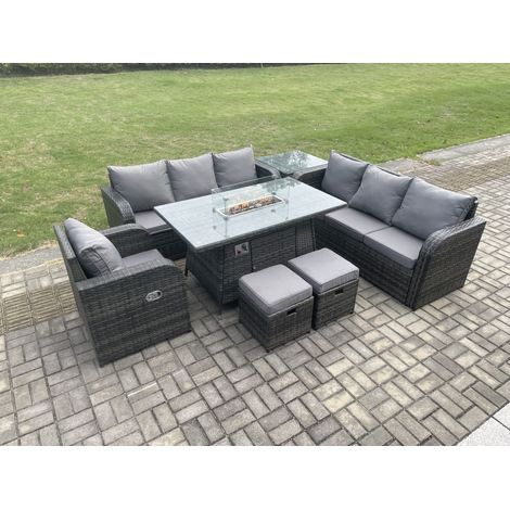Fimous Rattan Gartenmöbel Set im Balkon Gas Feuerstelle Tisch Liegestühle 3-Sitzer Sofa Sets mit Beistelltisch 2 kleine Fußhockern 9-Sitzer (1/5)