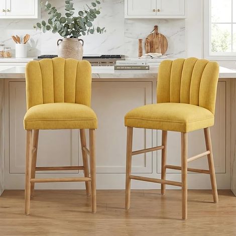 Wahson Set di 2 Sgabelli da Bar in Tessuto con Gambe in Legno, Giallo