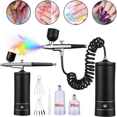 Kit aerografo con compressore, pistola a spruzzo portatile senza fili per unghie, vernici, trucco, biscotti (nero) (1/4)