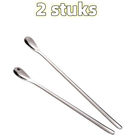 Juego de 2 piezas - Cuchara larga - Cuchara para remover - Cuchara pequeña - Acero inoxidable - Apto para café y miel - Plateado (1/5)