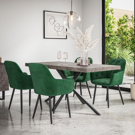 Donni Dining Table And Chairs -  Grey Table Top w Black Legs + Anika Velvet Dining Chair Set Of 4 (Green) (1/5)