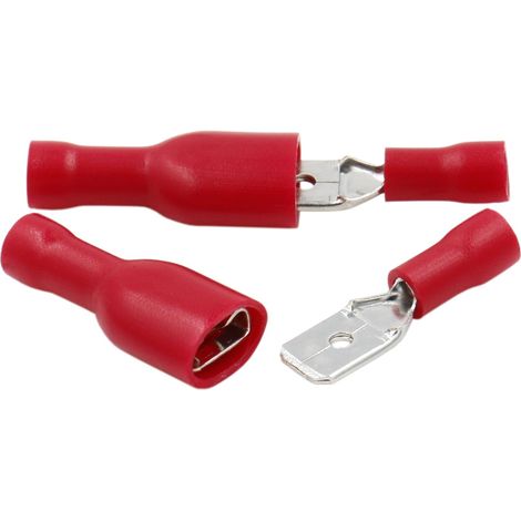 Lot de 100 cosses de câble mâle/femelle à débranchement rapide - Vinyle isolé - 6,3 x 0,8 mm pour 0,5-1,5 mm² (22-16 AWG) - Rouge (1/5)