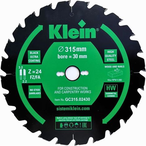 Lama circolare HW Per Tavolame (anche con chiodi) ed Edilizia D=190, d=30(20), B/c=2.0/1.4, Z (Nr. denti)=14, Fori trasc.=PH02 GC190.01430 KLEIN (1/5)