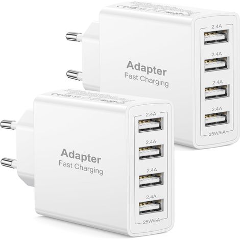 Chargeur USB Paquet de 2, Prise USB Multiple 4 Ports 25W/5A Chargeur Rapide, Prise Multiple Secteur Adaptateur Secteur pour 17 16 15 14 13 12 11 Pro Max XS XR 8, Galaxy S25 S24 S23 S22 (1/5)