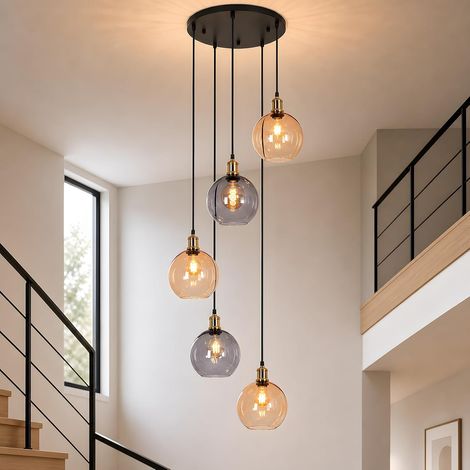 ZMH Suspension Luminaire 5 Boules en Verre 160 cm Réglable Noir Mat et Laiton, Lampe Suspendue pour Escalier, Salon et Salle à Manger (1/5)
