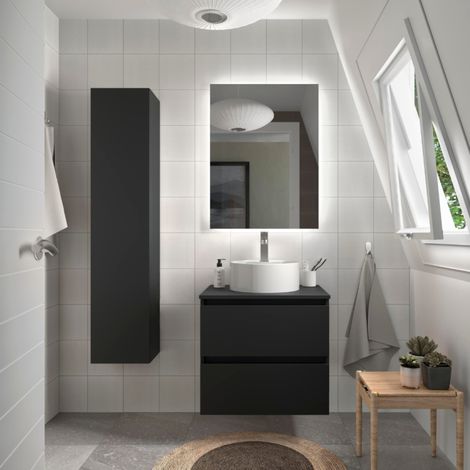 Cygnus Bath – Meuble bas de salle de bain 70cm noir mat – Vasque en porcelaine blanche – Tiroirs à fermeture amortie – MDF résistant à l'humidité (1/3)