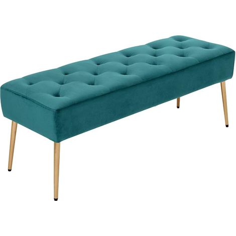 Banqueta tapizada en tela de terciopelo azul petróleo con patas de metal dorado BAN09009