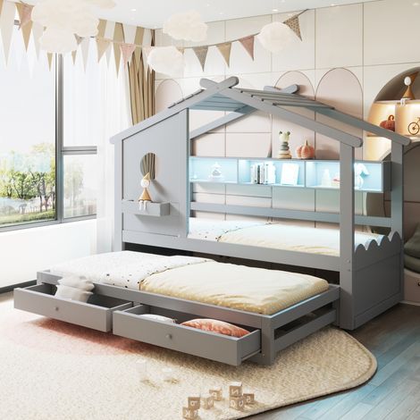 Lit gigogne 90x190 intégré, lit enfant 90x200 design maison gris, deux tiroirs, ports USB et Type-C, LED, étagères, lit multifonction