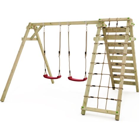 Wickey Schaukelgestell Kinderschaukel Smart Cliff Schaukel, Schaukelgerüst, Doppelschaukel, Holzschaukel mit Kletteranbau - rot