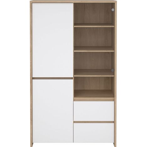 Next Vitrinenschrank 3 Türen, 2 Schubladen, 1 Ablage Eichen-Dekor, weiß hochglanz. (1/5)