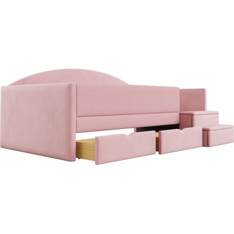 Cama tapizada 90x190 cm rosa con 2 cajones, laterales y escalones, de terciopelo (1/5)