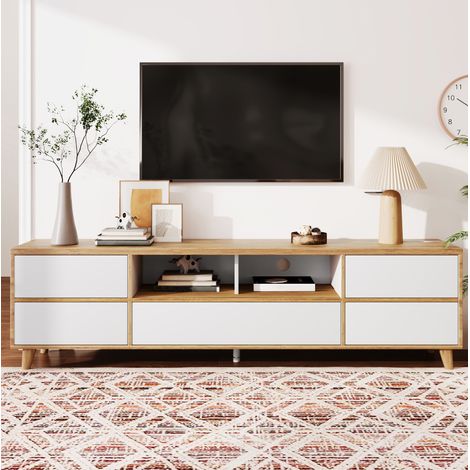 Mobile TV in MDF bianco e finitura legno 175 x 37 x 51 cm, 4 ante, 2 vani interni, piedi in legno (1/5)
