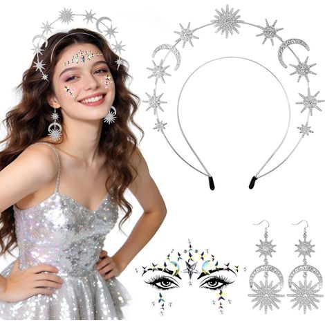 Headband Stars Carnival Costume Women's Silver Stars Headband Rhinestone Hair Band Face Tattoo Headband Carnival Galaxy Costume Headband Women's Fancy Dress Music Festival Party (1/5)