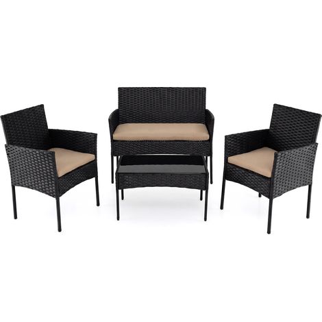 Salon de Jardin Extérieur en Résine 4 Pièces, avec 2 Fauteuils, 1 Canapé 2 Places et Table Basse Plateau en Verre Trempé, Coussins Amovibles, Brun
