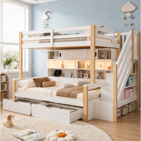 Kinder-Etagenbett 90x200 cm Weiß/Naturholz mit Stauraum, ohne Matratze – MEUBLIV (1/5)