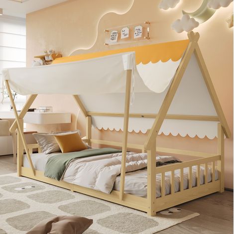 Kinderbett Hausbett 90x200 cm aus Massivholz in Weiß/Natur, mit abnehmbarem Zelt und Sicherheitsgittern (1/5)