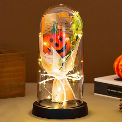 D'halloween Cloche en Verre Veilleuse, Bouquet de citrouille lumineux dans une cloche en verre, Veilleuse décorative d'Halloween, Alimenté par Batterie, pour Les FêTes DéCoratifs Cadeau pour femme (1/5)