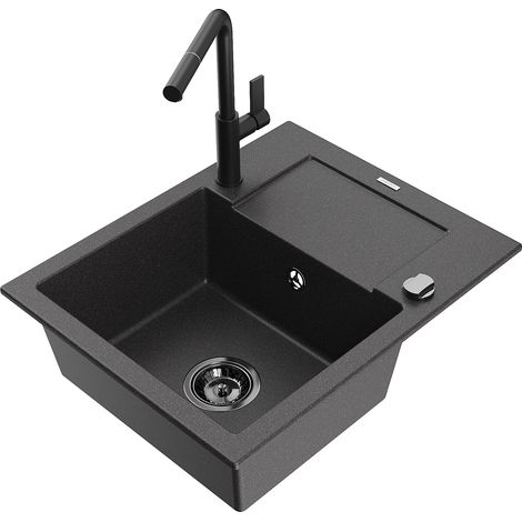 Mexen Enzo 1 Becken-Granitspüle mit Abtropffläche und Mischbatterie Flora, Schwarz gesprenkelt - 650