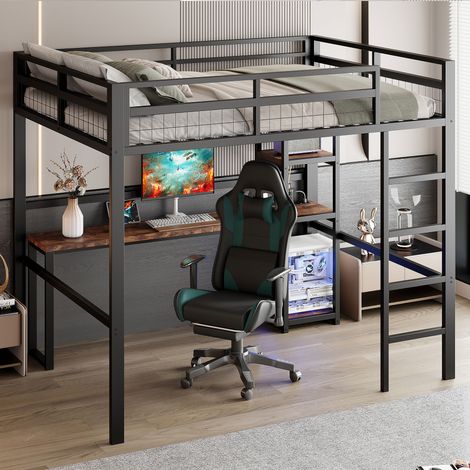 Letto A Soppalco 140 x 200 Cm Con Scrivania, Presa, USB, Tipo-C E Scaffali, Senza Materasso, In Metallo, Nero