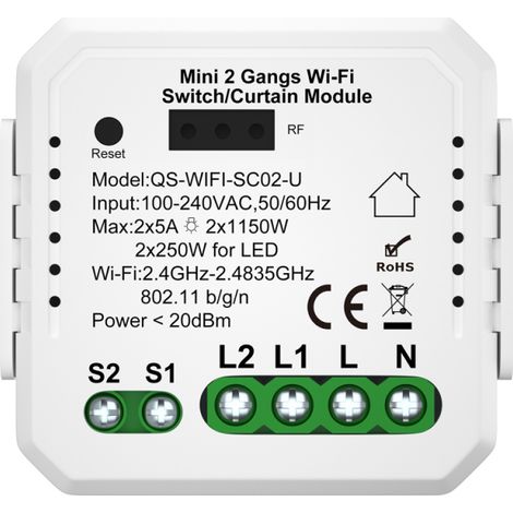 Module interrupteur double Tuya WiFi 3A pour rideaux, compatible avec Google Home et contrôlable via application smartphone. Domotique, marche/arrêt et disjoncteur intelligent. (1/5)