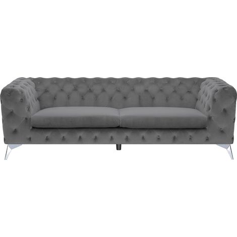 Beliani Sofa 3 Seater Grey Velvet Traditional Modern Button Tufting Fabric, Seats 3, Track, Foam Filling, Sinuous Springs, Seat Height 45 cm, 224 x 85 x 70 cm, 100% Polyester, Solid SOTRA (1/5)