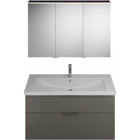 Burgbad Eqio Badmöbel-Set, mit Keramikwaschtisch + Unterschrank und Spiegelschrank 123 cm, mit Griff Grau Hochglanz/Alpinweiss Schwarz matt links, links, rechts (1/2)