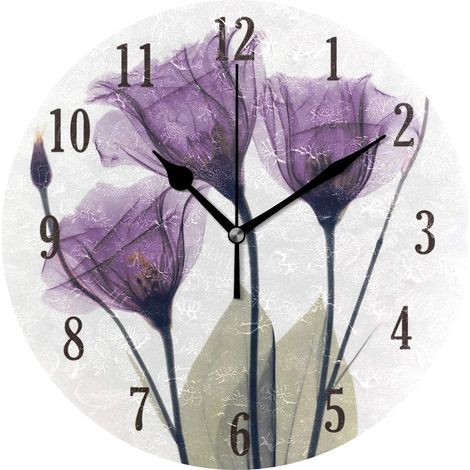 Runde, batteriebetriebene, geräuschlose Wanduhr mit lila Blumen für Wohnzimmer, Küche, Schlafzimmer