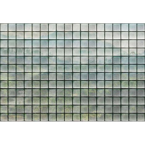 Papier peint panoramique gris & vert salon Tapisserie panoramique zen serre aspect foret angle de mur Papier peint panoramique design carreau (1/2)