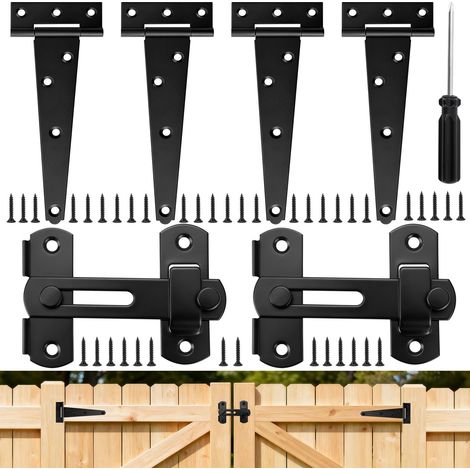 Lot de 4 Charnière de Porte en T en Fer Galvanisé Charnière Porte de Grange Robuste avec Loquet de Porte en Acier Inoxydable et Vis Charnières pour Portes en Bois Fenêtres, Tiroirs (Noir) (1/5)