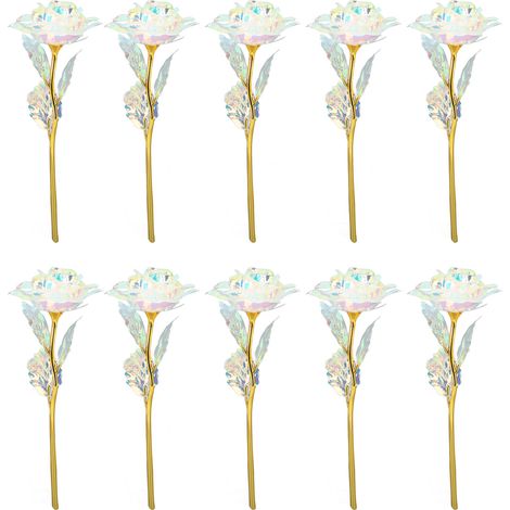 Lot de 10 roses artificielles blanches en plastique doré pailleté, idéales pour la décoration de mariages et de fêtes. Couleur : blanc. (1/5)
