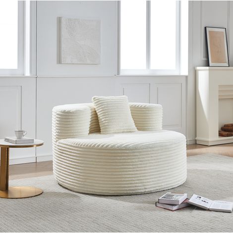 Sillón puff redondo, asiento amplio, tejido de pana, relleno de espuma, beige (1/5)