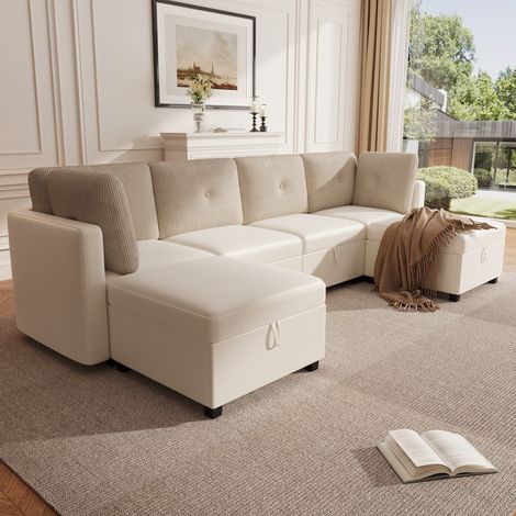 Canapé modulable U 6 modules rangement convertible lit fauteuil velours mousse haute densité salon multi usage