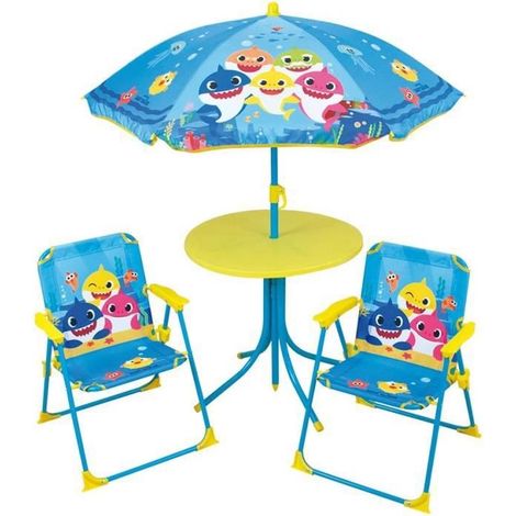 FUN HOUSE Baby Shark Salon de jardin - 1 table H.46xø46 cm, 2 chaises H.53xl.38,5xP.37,5 cm et 1 parasol H.125 x ø100 cm