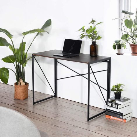 Meuble Bureau Pliable pour Petits Espaces Postes de Travail Table d'Ordinateur Pliante, Assemblage Facile, Cadre en Métal, pour Chambre, Balcon ou Camping, Marron Foncé (1/5)