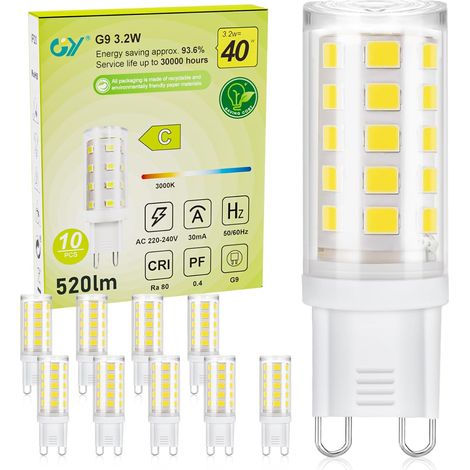 Ampoule G9 Led Blanc Chaud 3000K, 3.2W 520LM Equivalent 40W, Classe C Ampoule LED G9, 16mm x 50mm, 220-240V, Base en céramique, Non-Dimmable, Lot de 10 (1/5)