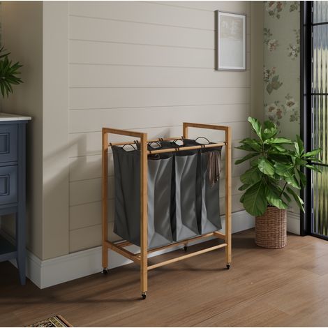 Mobile biancheria a 3 scomparti in bambù con ruote OKMYHOME (1/5)